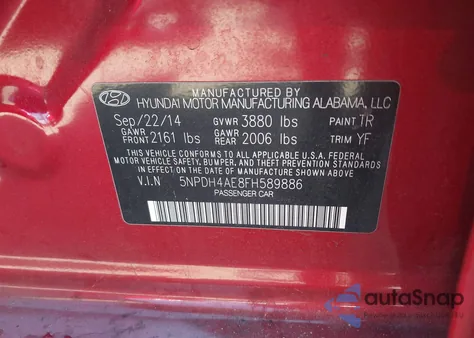 2015 Hyundai Elantra Se z USA, uszkodzony, nr VIN 5NPDH4AE8FH589886